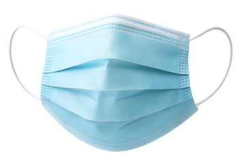Light blue disposable surgical face mask with white ear loops and pleated folds, cutout, PNG isolated on white or transparent background