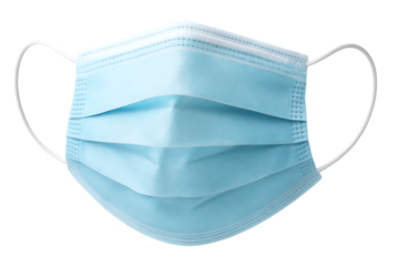 Light blue disposable surgical face mask with white ear loops and pleated folds, cutout, PNG isolated on white or transparent background