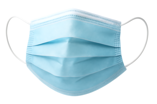 Light blue disposable surgical face mask with white ear loops and pleated folds, cutout, PNG isolated on white or transparent background