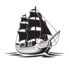 Vintage Sailing Ship Silhouette - Black Pirate Galleon Vector Icon