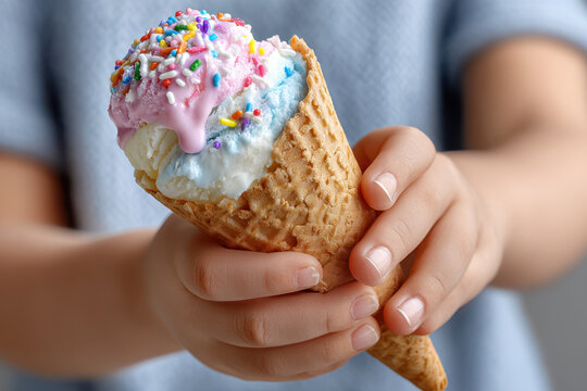 Delicious ice cream cone held by child in a cheerful setting on a sunny day