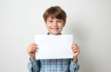 Fototapeta premium Smiling young boy holding white blank paper sign in front of face. Happy caucasian child shows empty placard with copy space on white background. Little male student in casual blue shirt.