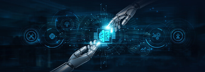 Hold on, robot hands apply Machine Learning and futuristic interface, predicting trends. Intelligent analysis. Algorithms process vast data for smarter, automated decisions.