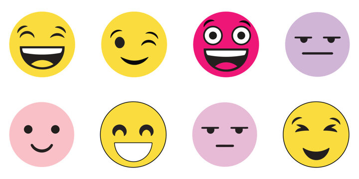 Collection of eight cartoon egg shaped emoji faces with different expressions