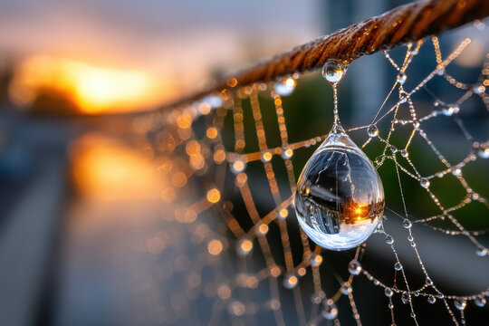 Water Droplets on Spider Web at Sunrise