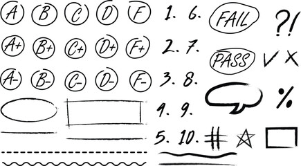 Handwritten school grades and symbols for education and assessment