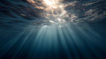 Fototapeta premium Underwater light rays breaking through ocean surface marine environment aerial view concept of tranquility and depth