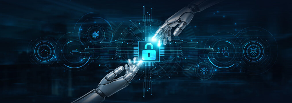 Hold on, robot hands protect Privacy and futuristic interface, securing sensitive information. Smart encryption. AI safeguards data and ensures regulatory compliance efficiently.