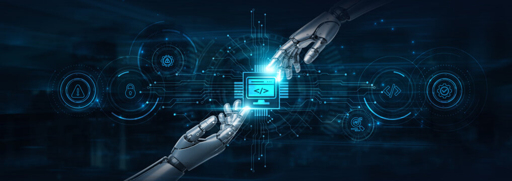 Hold on, robot hands drive Web development and futuristic interface, building interactive platforms. Dynamic coding. Intelligent design enhances user experience across devices efficiently.