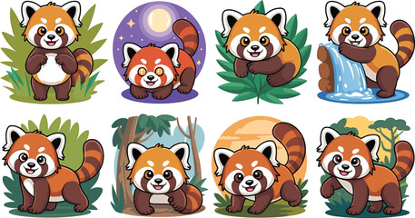 Fototapeta premium Cute Cartoon Red Panda Characters in Various Natural Settings and Poses Keywords: red panda, cute, cartoon, animal, wildlife, nature, forest, jungle, leaves, plants, waterfall, water, night, moon