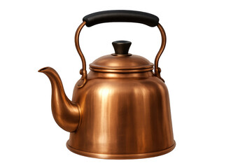 Copper kettle with a dark handle and lid knob, used for boiling water for beverages. Transparent background