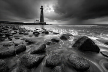 Dramatic black and white seascape with lighthouse, stormy sky, and rocky shore