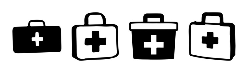 Hand-drawn first aid kits with medical cross symbol icons