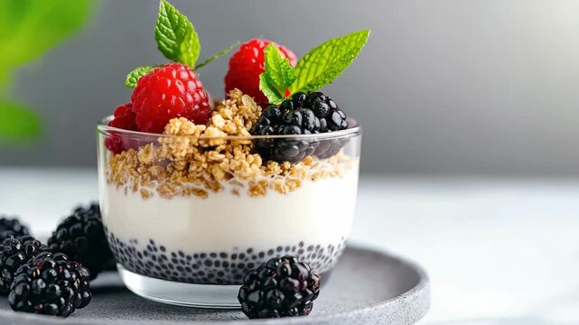 Tasty chia pudding layered with creamy Greek yogurt, crunchy granola and ripe berries - raspberries, blueberries - , garnished with mint for a fresh, healthy breakfast or snack