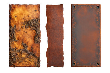 Three textured rectangular panels with rust and rough surfaces isolated on a transparent background metal, cutout, PNG isolated on white or transparent background