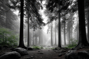 Misty Forest Path with Tall Evergreen Trees
