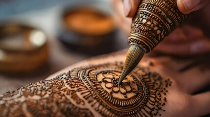 A close-up of a woman applying intricate henna designs on a hand, showcasing artistry and tradition.