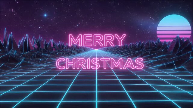 Retro synthwave Christmas greetings with neon grid landscape animation background