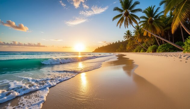 Golden sunlight washes over a tranquil tropical beach at sunrise, with gentle waves lapping on the sandy shore and silhouetted palm trees