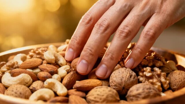Reaching for healthy nuts a tasty snack with almonds, cashews, and walnuts providing energy in a natural, vibrant, and delicious way