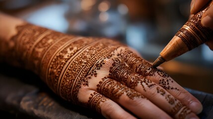 A close-up of a woman's hand with intricate henna designs being applied, showcasing artistic skill and cultural tradition.