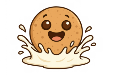 Cute cartoon cookie character happily splashing in a pool of fresh milk, representing sweet indulgence and childhood joy