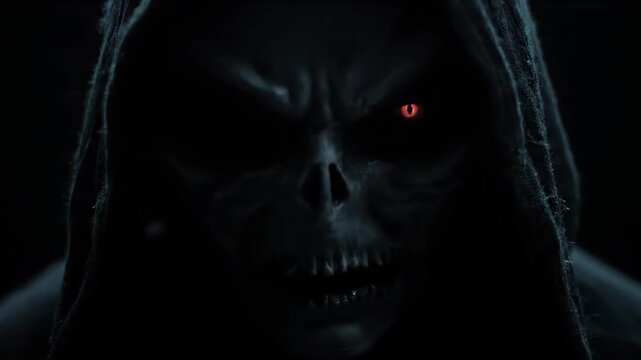 Scary grim reaper character with a demonic red glowing eye appearing from the darkness. Menacing evil entity emerging from the shadows