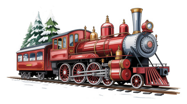 PNG festive vintage red train illustration. white background
