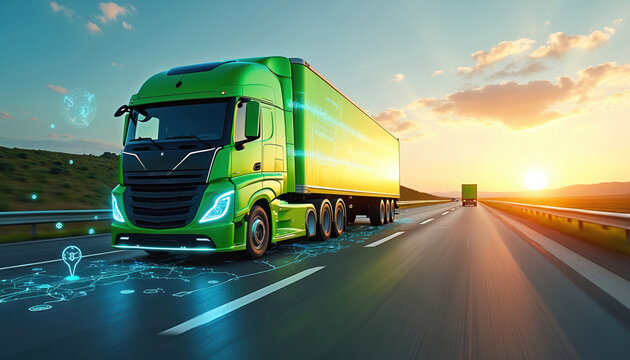 Green tech truck moves on highway at sunset. Futuristic vehicle with digital navigation system. Smart transport concept. Sustainable, eco-friendly logistics, future of mobility.