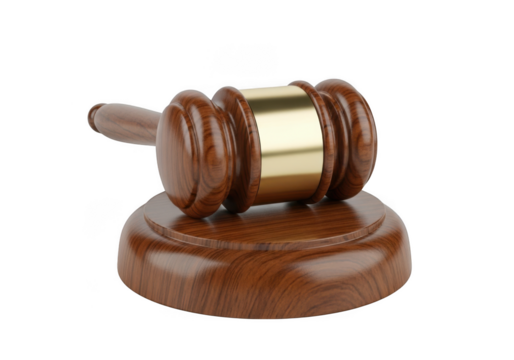 A close up studio shot of a wooden judge s gavel resting on its sound block against a stark black background