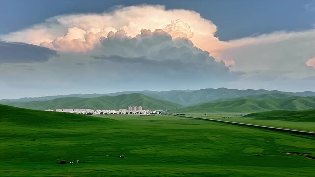 Vast verdant rolling hills under a dramatic cloud-filled sky with distant village
