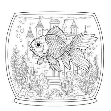 Enchanting Goldfish in a Whimsical Castle Fishbowl &ndash; A Detailed Underwater Scene for Creative Coloring Book Activities