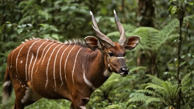 Closeup of a bongo antelope walking through the african rainforest
