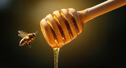 Golden honey dripping from wooden dipper with a bee hovering nearby, showcasing the natural sweetness and organic essence of honey in a vibrant, warm atmosphere
