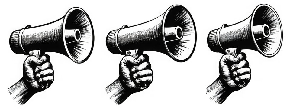 Hand holding a megaphone vintage engraved illustration for communication and announcement isolated on white background