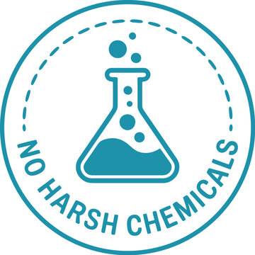 No Harsh Chemicals clean product label icon in teal blue circle with dashed line and laboratory flask symbol for natural and safe formulas