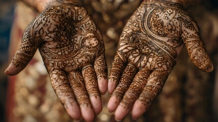 Beautifully adorned hands of a woman with intricate henna designs, showcasing cultural artistry and celebration.