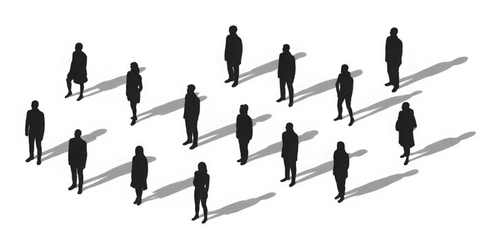 CAD Drawing. Top back view of silhouette diverse people standing and walking isolated on white background. Vector illustration.