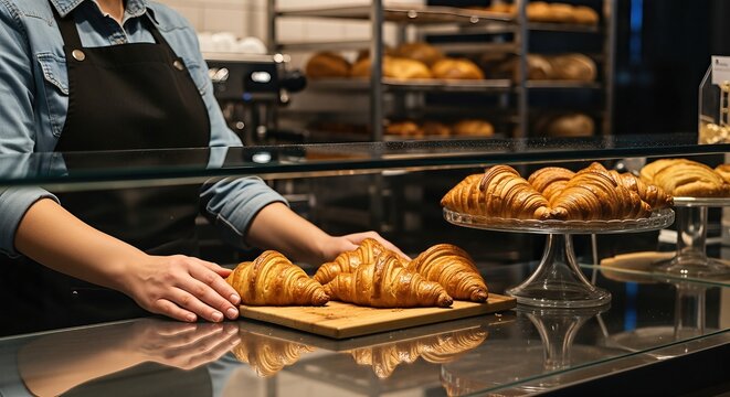 Bakery worker arranging freshly baked croissants on display in a modern cafe, showcasing delicious pastries with warm golden textures and inviting atmosphere - Powered by Adobe