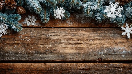 Wooden textured background with snowflakes and pine cones for winter and holiday seasonal decorations and celebrations