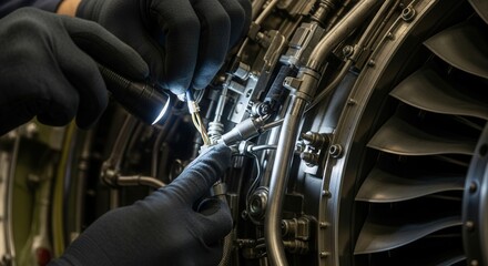 Close-up of a mechanic's gloved hands inspecting a jet engine with a flashlight. This image evokes precision, expertise, and complex technology, perfect for aviation or industrial themes.