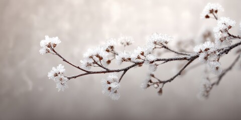 Closeup of a frosted tree branch with delicate ice crystals against a blurred, soft background