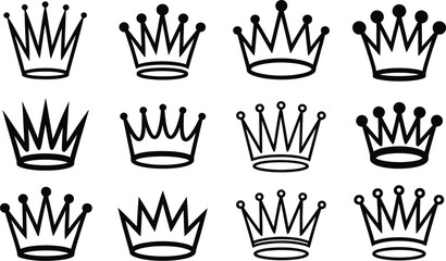 Set of twelve hand drawn crown icons in a doodle sketch style perfect for branding, luxury kids decor, or royal event invitations