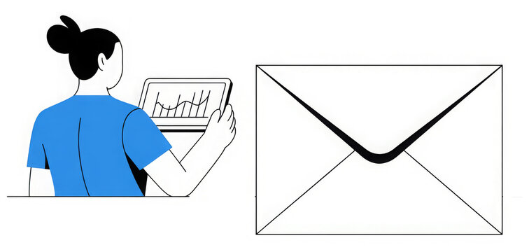 Woman holding tablet with data chart next to large envelope graphic. Ideal for email marketing, communication, digital solutions, analytics, team collaboration, information sharing, simple flat
