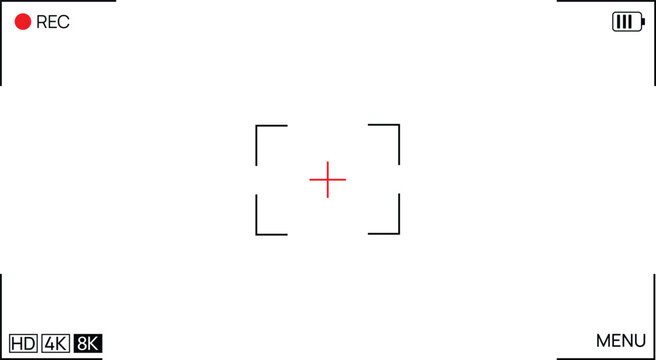 Clean white camera viewfinder overlay with recording indicator and focus frame for video production and photography