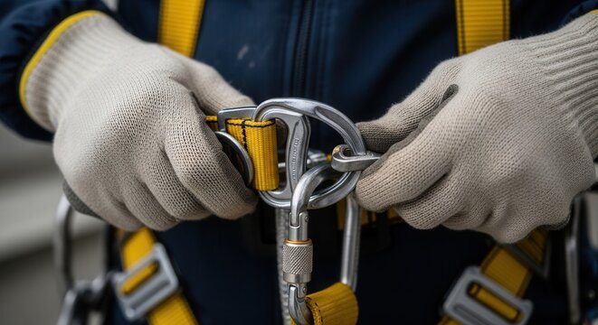 Close-up of gloved hands securing a metal carabiner on a yellow safety harness. This image conveys professionalism, preparation, and workplace safety. Perfect for industrial topics.