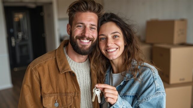 Happy caucasian couple celebrating new home purchase with keys and moving boxes in background