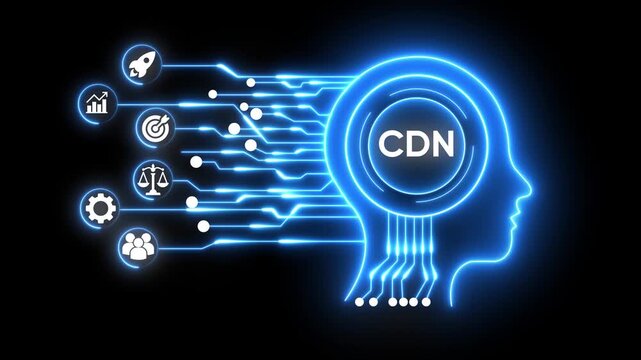 CDN concept with glowing digital brain and icons