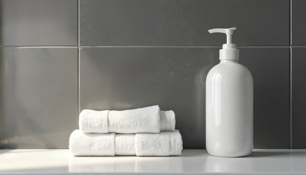 White pump bottle, two folded white towels sit on clean bathroom counter. Grey tiled wall creates simple, fresh background. Clean arrangement suggests modern hygiene, beauty, spa wellness products