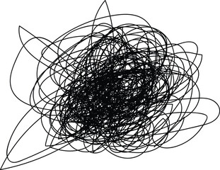 Abstract chaotic black ink scribbles and lines forming a dense tangled pattern on a white background